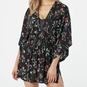 Just Fab Black Floral Boho Beachy Kimono Sleeve Cover-Up Size XXL